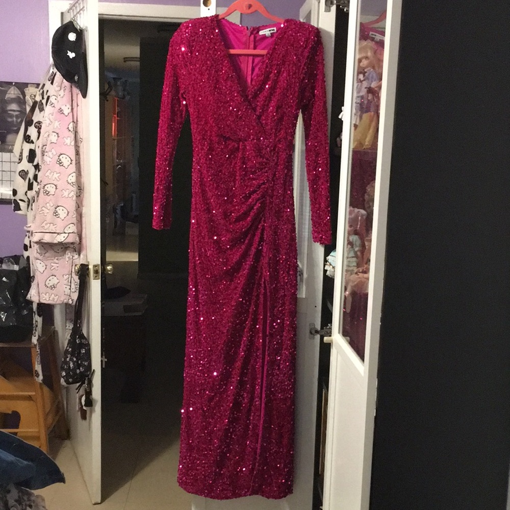 Fashion Nova Hot Pink Long Sleeve Sequin Gown